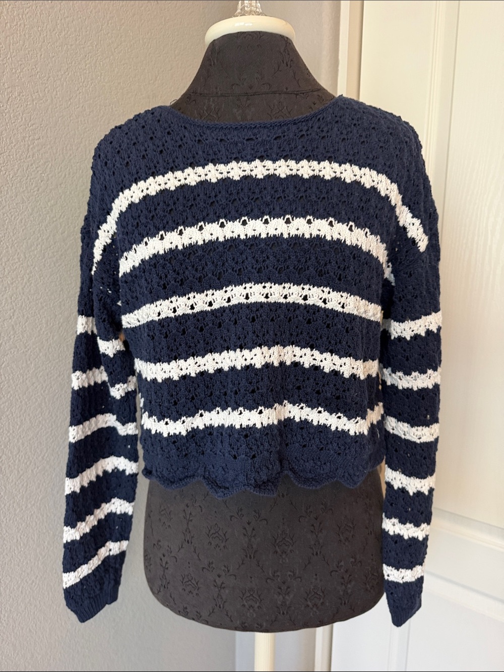House of Harlow 1960 Navy & White Crochet Stripe Crew Sweater